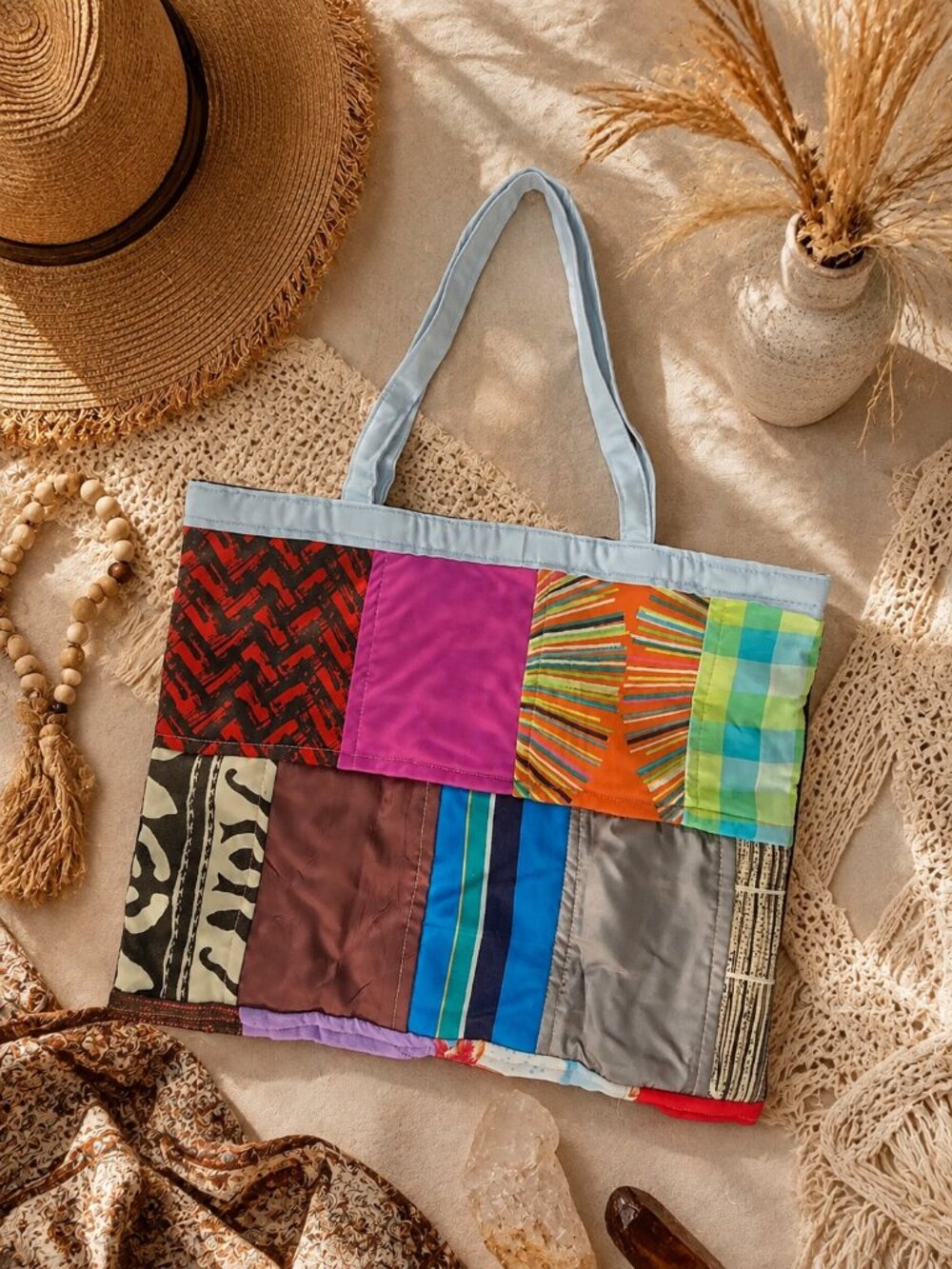 Handmade Quilted Patchwork Tote Bag 17x13 Boho Market Bag
